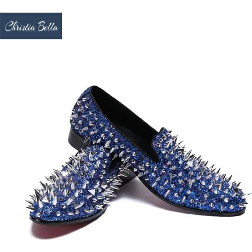 Christia Bella Brand Designer Shoes Mens Casual Flats Blue Customize Wedding Shoes Rivet Studded Spiked Men Loafers