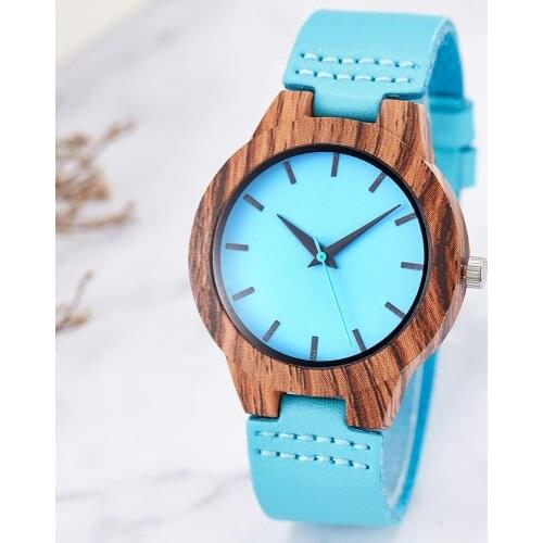 Genuine Blue Leather Band Imitation Bamboo Dial Case Wood Watch Simple Wristwatch Fashion Female Lady Watches Male Wrist Watches