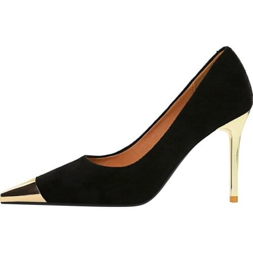 European and American fashion sexy nightclub show thin large size thin heel high heel suede shallow mouth metal pointed shoes