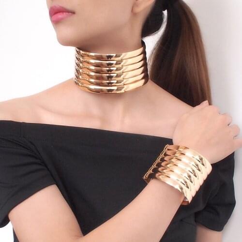 Indian Jewelry Sets Gold Color Women Vintage Leather Collar Choker Necklace Bracelets Set Africa Statement Adjustable UKMOC