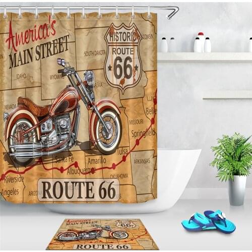 LB Route 66 Decor Vintage Riding Tools on The American Street Artwork Motorcycle Shower Curtain for Men Boys Bathroom