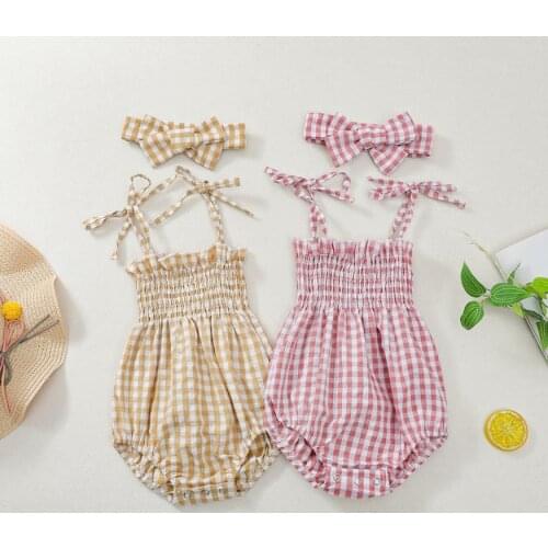Summer Baby Girls Bodysuits Baby Plaid Printing Girls Square Collar Sleeveless Bodysuit Headband Set Rompers Jumpsuits