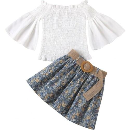 Summer Tops Flared Sleeve Pleated Children Girls Solid Color Tops Floral Print Skirt Set for Hiking