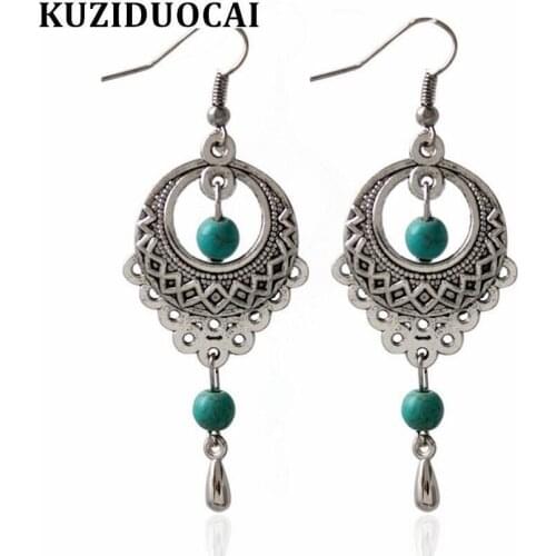 Kuziduocai Fashion Excellent Jewelry Vintage Ancient Silver Color Drop Shape Green Stone Stud Earrings For Women Ladies Gift 269