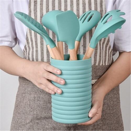 8pcs Silicone Kitchen Tools Set Cooking Tools Utensils Set Spatula Shovel Soup Spoon with Wooden Handle Special Heat-resistant
