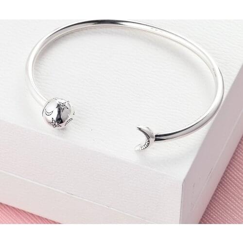 Open Bangles for Women 925 Sterling Silver Moon & Stars Limited Edition Bracelet & Bangles Fine Jewelry Gift Brazalete Pulseras