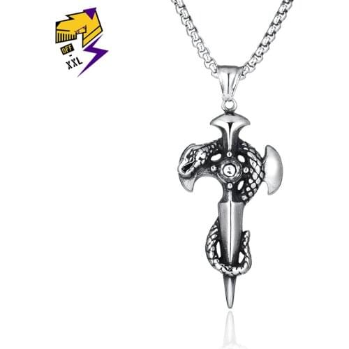 Gothic Snake Necklace Mens Cross Pendant Sword Necklaces Stainless Steel Box Chain Collar Punk/Vintage Jewelry