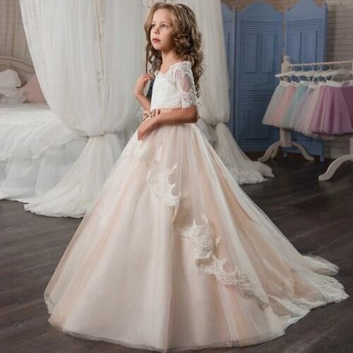 Adorable Girl Pageant Dresses Satin Tired Peach Lace Up Tulle Ball Gowns Child First Holy Communion Dresses 2-12 Year Old