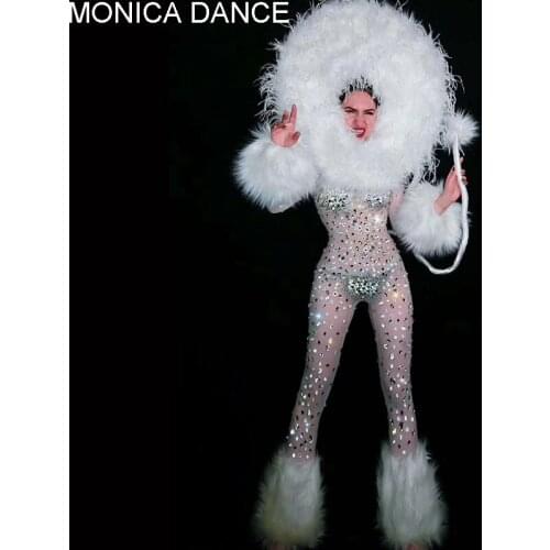 Sexy Stage Silver Big Stones Feather See Through Jumpsuit Women Singer Dance Bar Cosplay Rhinestones Outfit Prom Party Outfit