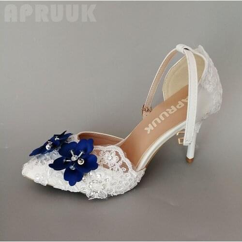 Wedding shoes bridal summer lace ankle straps ladies thin 10cm heels white lace royal blue flowers brides party banquet pumps