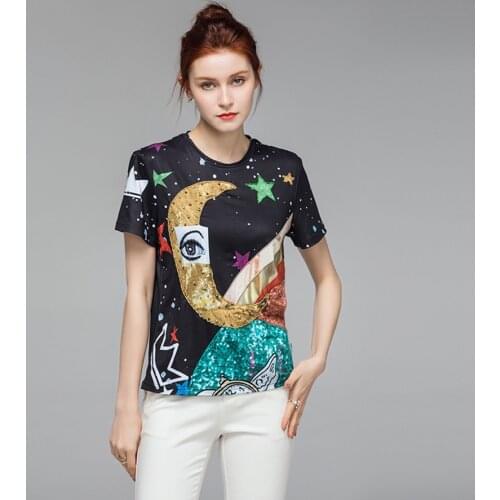 Wholesale Runway Fashion Romantic Cotton T-Shirt Top Star Printed Black Luxury Beaded Summer T-shirts women