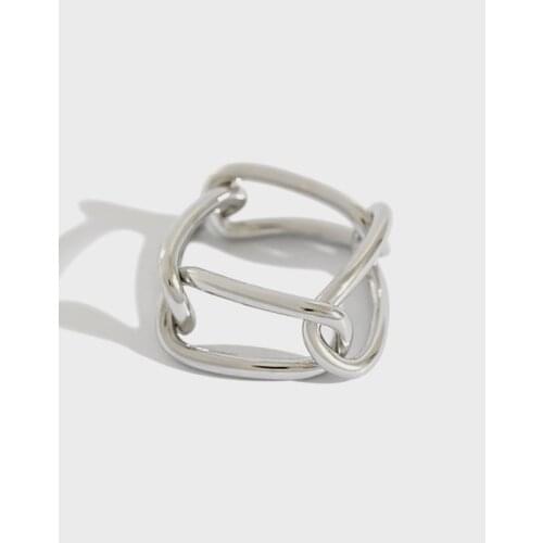 Authentic S925 Sterling Silver FINE Jewelry Women Open Geometry Ins Simple Chain Square Buckle Rings J495