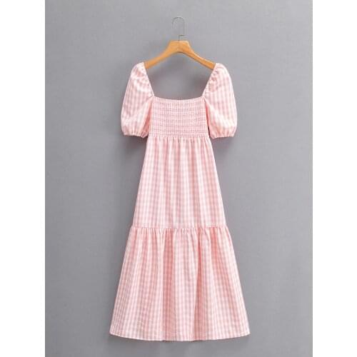 2021 Summer Women Dress Plaid Color Pink Young Style Elegant Fashion Butterfly Short Sleeve Long Vestidos Backless