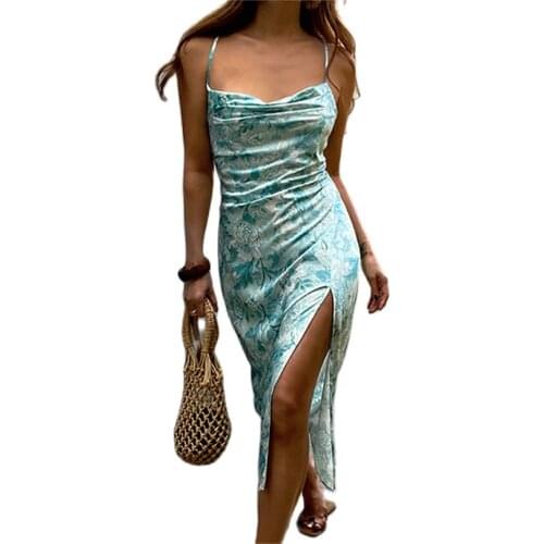 Summer Sexy Purple Dress Women Floral Print Spaghetti Strap Slim Split Fork Backless Party Vintage Elegant Long Dresses Woman