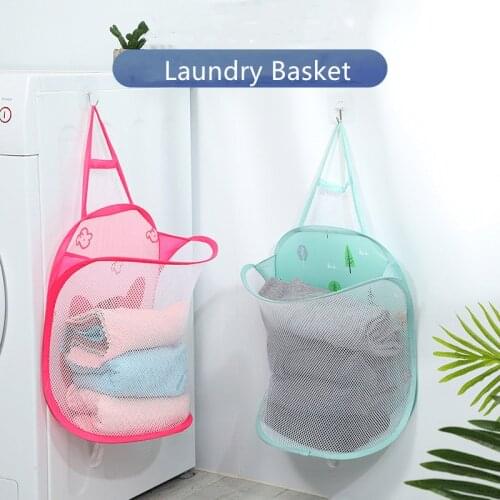 1pc Home Cartoon Baby Laundry Basket Foldable Mesh Laundry Sorting Baskets Wall Mounted Kids Dirty Clothes Storage Bag Organizer