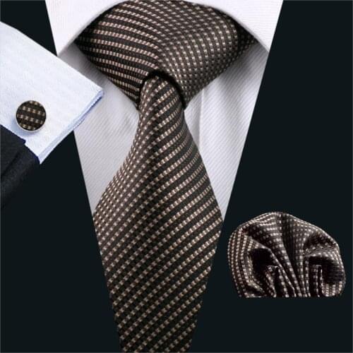 FA-663 2018 Fashion Classic Tie For Men Brown Striped Silk Jacquard Woven Necktie Hanky Cufflinks Set For Business Wedding