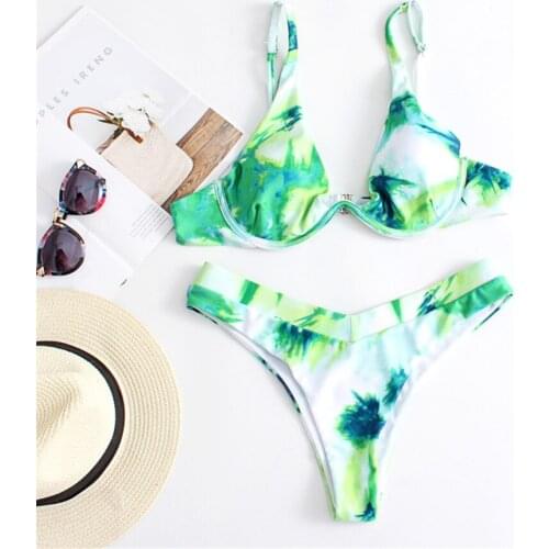 2020 Sexy High V-Neck Bikini Swimwear Women Swimsuit Brazilian Bikini Set Green Print Halter Top Beach wear Bathing Suits