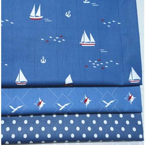 50x160cm Navy Blue Ship Seagulls Polka Dot Printed 100% Cotton Fabric For DIY Sewing Clothing Bedding Home Decor