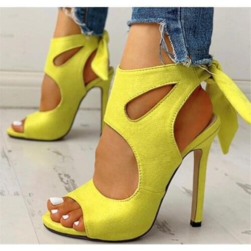ASHIOFU Handmade Ladies Stiletto Heel Sandals Peep-toe Back-knots Party Prom Shoes Evening Dating Fashion Sandals Shoes Yellow