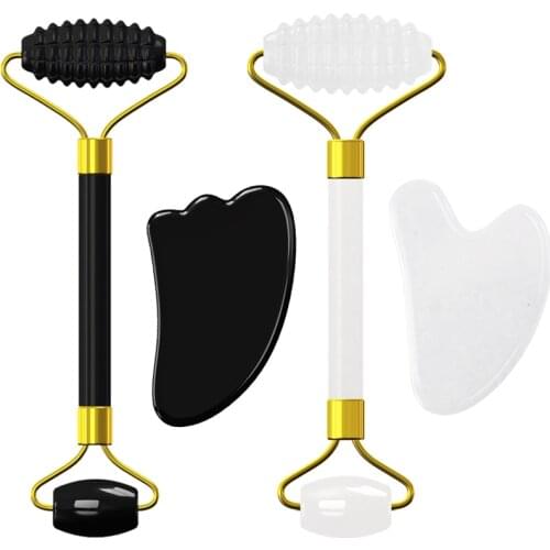 Black Obsidian Jade Roller Set NaturalWhite Jade Facial Massager Gouache Scraper Guasha Massage Board Face Massage Roller