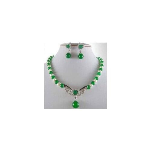 Womens 7-8mm Natural White Akoya Pearl&Green gem Necklace earrings Set nature fresh pearl chain 925 fine quality jewelry