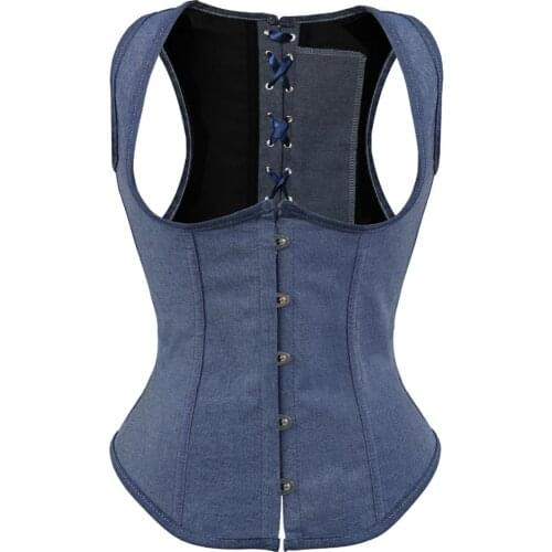 Underbust Sexy Corset Women Lace up Boned Korsage Denim Vest Top Steampunk Strap Cowboy Bustier Evening Party Clubwear