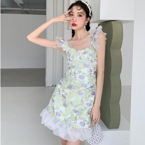 Lolita Mini Dress Baby Doll For Woman One Piece Fairy Tulip Cloud Yarn A-line Dress Green Kawaii Sweet Korean Strap Female Dress