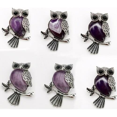 Fashion amethysts natural stone 12pcs/lot Owl Pendants & necklaces for making Jewelry charm Pendulum accessories wholesale