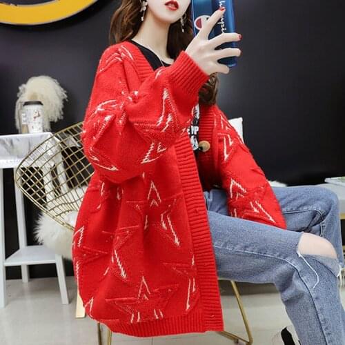Fashion V-neck Cardigan Sweater Women Long-sleeve Single-breasted Five-pointed Star Loose Knitted Sweater Female Winter Jumpers