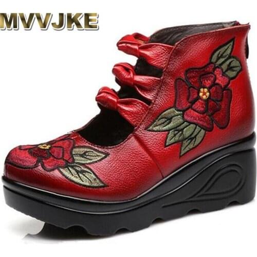 MVVJKE Embroidered Genuine Leather Shoes Elegant Woman High Heel Shoes 2019 New Spring Women Fashion Shoes Wedges High Heels Wed