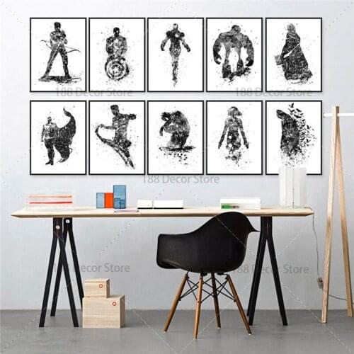 Marvel Avengers Superhero Black Watercolor Canvas Painting Spiderman Movie Poster Wall Art Picture Kids Room Home Decor Cuadros