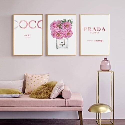 Nordic Fashion Pink Flowers Perfume Bottle Canvas Art Posters and Prints Makeup Pictures Wall Cuadros for Modern Girl Room Decor
