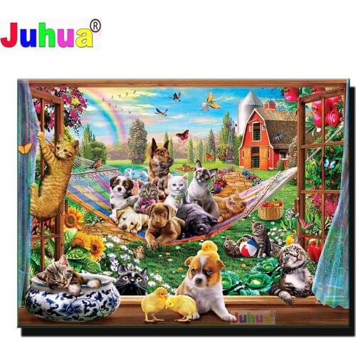 Window Cat Dog 5D DIY Full Square Round Diamond Painting Cross Stitch Diamond Embroidery gift Animals mosaic Home Decor KL082