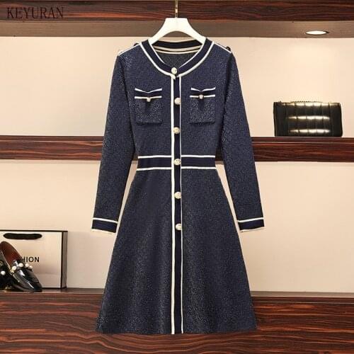 Autumn Womens Long Sleeve Sweater Dress Brand Design Office Lady Bright Silk Decoration Retro Knit Dress 2021 Long Style Dress