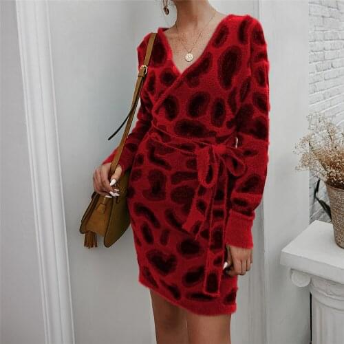 Womens knitted dresses with sashes fashion leopard print warm autumn hip dresses deep v-neck ladies elegant basic inner dresses