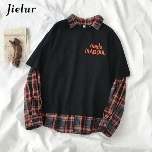 Jielur Plaid Patchwork Sweatshirt Women Fake Two Pieces Gray Black White Hoodies Street Fashion Loose Polo Female Sweatshirts