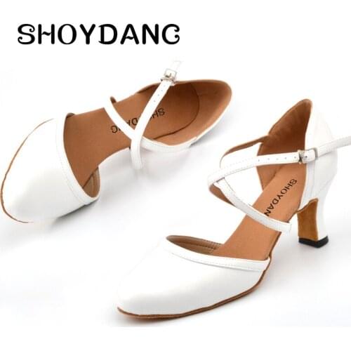 SHOYDANC White Microfiber Leather Dance Shoes ladies Baotou Ballroom Dance Shoes Banquet Party Dance Shoes Latin Salsa Heel 7cm