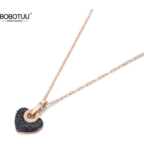 BOBOTUU Trendy Titanium Steel White/Black Clay Rhinestone Heart Charm Necklace Lovely Pendant Chain Necklace For Women BN19112