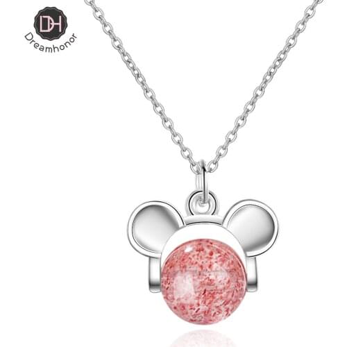 Dreamhonor Fashion Strawberry Quartz Little Mouse Pendant Charm Choker Necklaces Jewelry 925 Silver Chain Necklaces