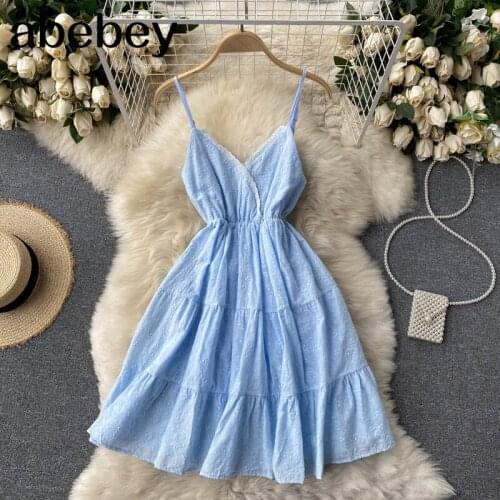 Women Backless Strap Dress Korean V Neck Sleeveless Solid A-line Dresses Summer Sexy Off Shoulder Beach Short Dress