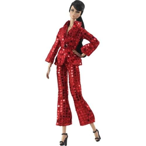 1:6 Red Suit Fashion Sequin Jacket Pants Handbag for Barbie Doll Clothes Set Top Trousers Outfits 1/6 BJD Dollhouse Accessories