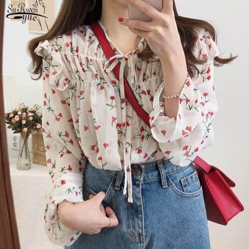2021 New Spring Korean Style Chiffon Puff Long Sleeve Blouse Women Office Floral Button Cardigan Shirt Women Blusas 10408
