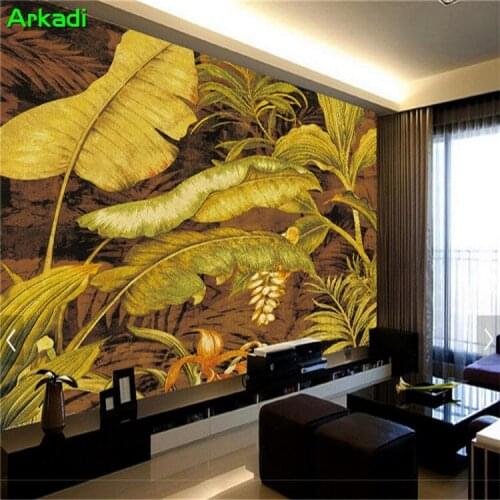 European vintage tropical oil painting banana leaf wallpaper mural living room bedroom TV background wall decorative painting