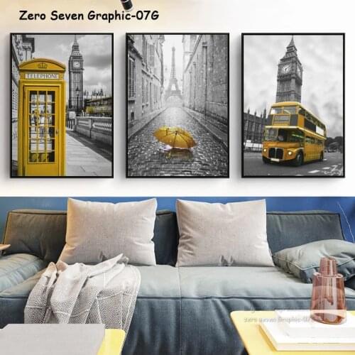City Street Landscape Yellow Phone Booth Umbrella Bus Canvas Art Painting Print Poster Picture Wall Living Room Home Decor Mural