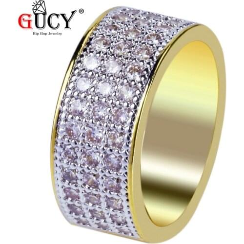 GUCY Hip Hop Rock Jewelry Mens Round Micro Pave Cubic Zircon Ring All Iced Out Bling Gold Color Plated Rings For Womens Gift