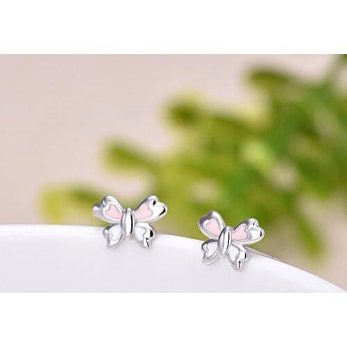 Exquisite Silver Color Pink Butterfly Stud Earrings for Women Girls Birthday Gifts Cocktail Party Earrings Fine Jewelry