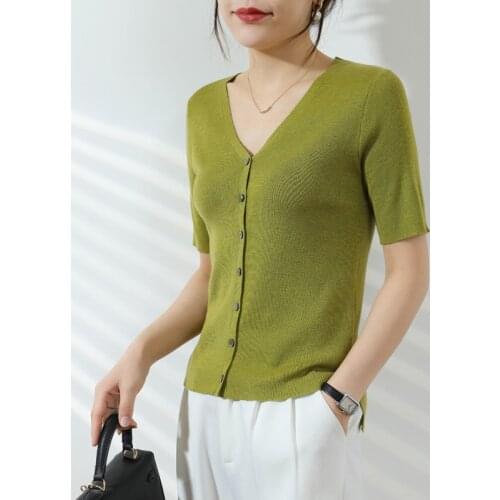 Short-sleeved V-neck cardigan 2021 spring new cashmere slim slimming button top women