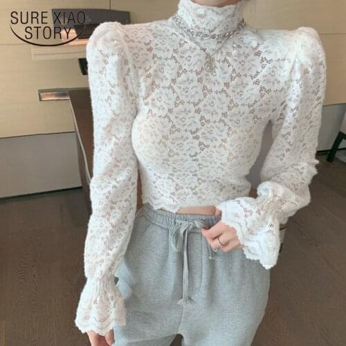 2021 Spring New Casual Floral Women Shirt Sexy Puff Sleeve Lace White Blouse Shirts Turtleneck Short Corset Top Blusas 12710