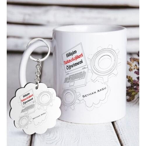 Personalized Information Technology Teacher White Mug and Keychain Gift Seti-1