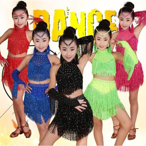 Girls Tassels Latin dancing dress Kids Samba dancewear costumes Outfits Children professional Ballroom Salsa Latin Fringe Dress